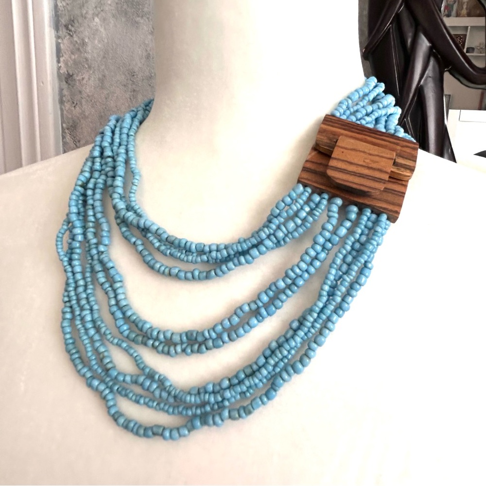 Light Blue Beaded Multi-strand Necklace Large Wooden Buckle Clasp Read